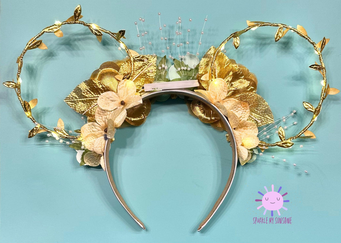 Princess Tiana Disney Ears, Princess and the Frog Mickey Mouse Ears, Floral Wire Minnie Ears, Teal Gold Pearl Headband, Disneyland Ears