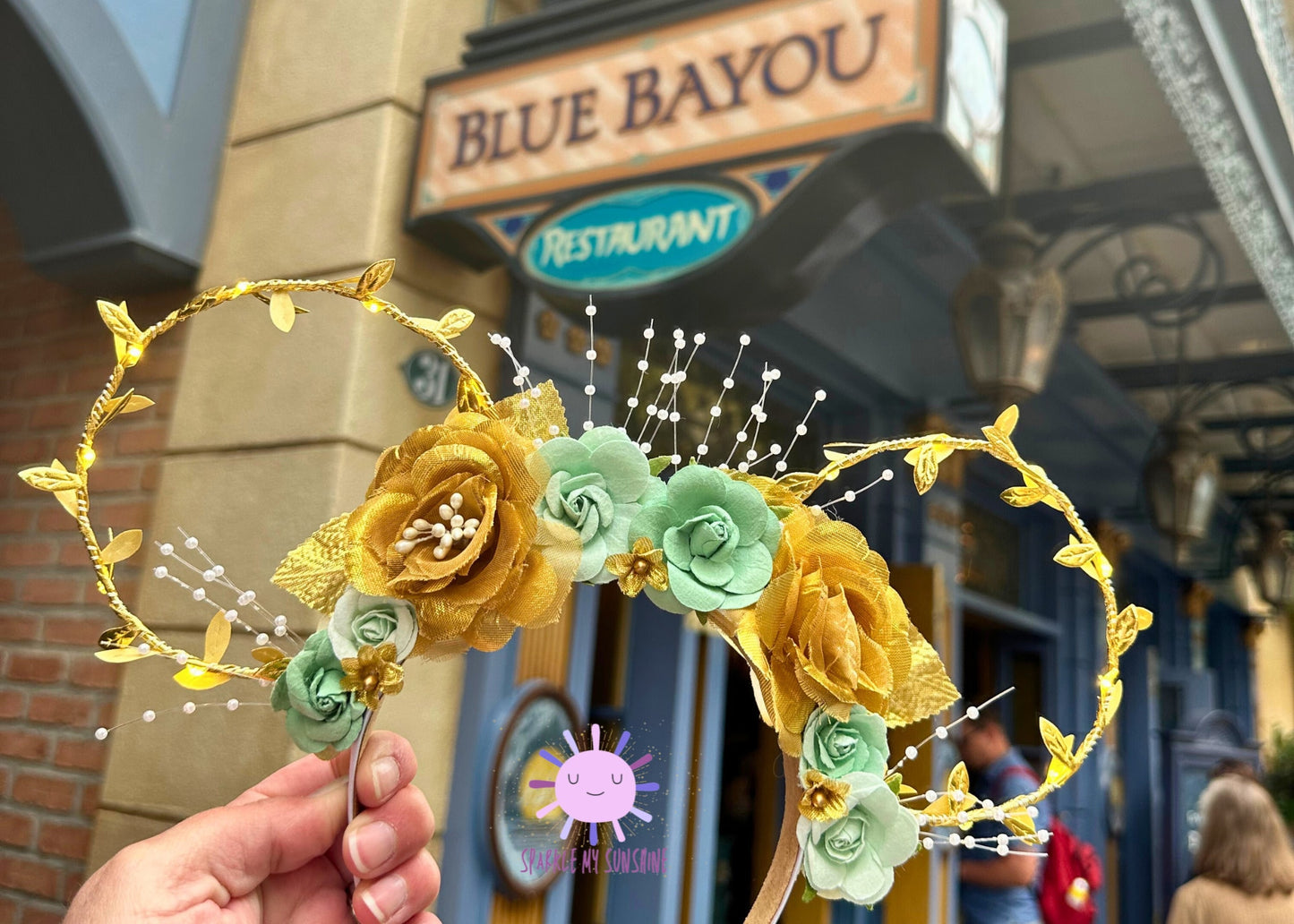Princess Tiana Disney Ears, Princess and the Frog Mickey Mouse Ears, Floral Wire Minnie Ears, Teal Gold Pearl Headband, Disneyland Ears
