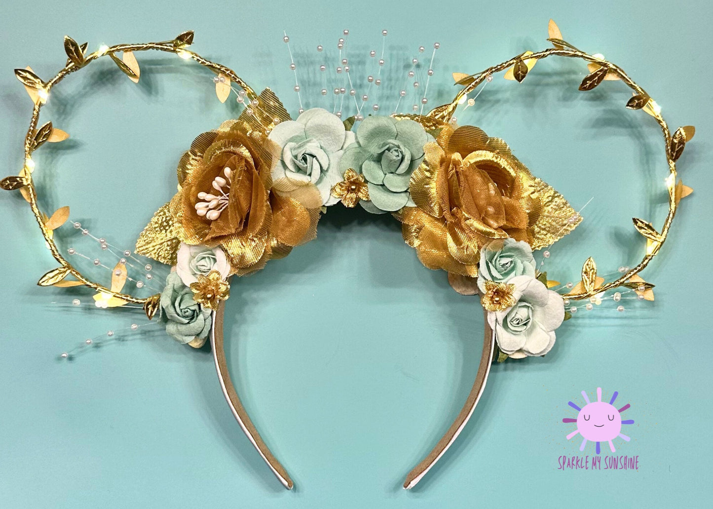 Princess Tiana Disney Ears, Princess and the Frog Mickey Mouse Ears, Floral Wire Minnie Ears, Teal Gold Pearl Headband, Disneyland Ears