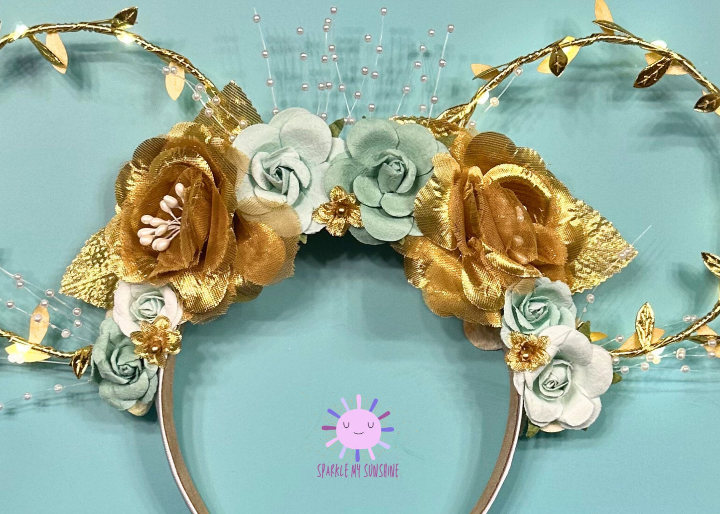 Princess Tiana Disney Ears, Princess and the Frog Mickey Mouse Ears, Floral Wire Minnie Ears, Teal Gold Pearl Headband, Disneyland Ears