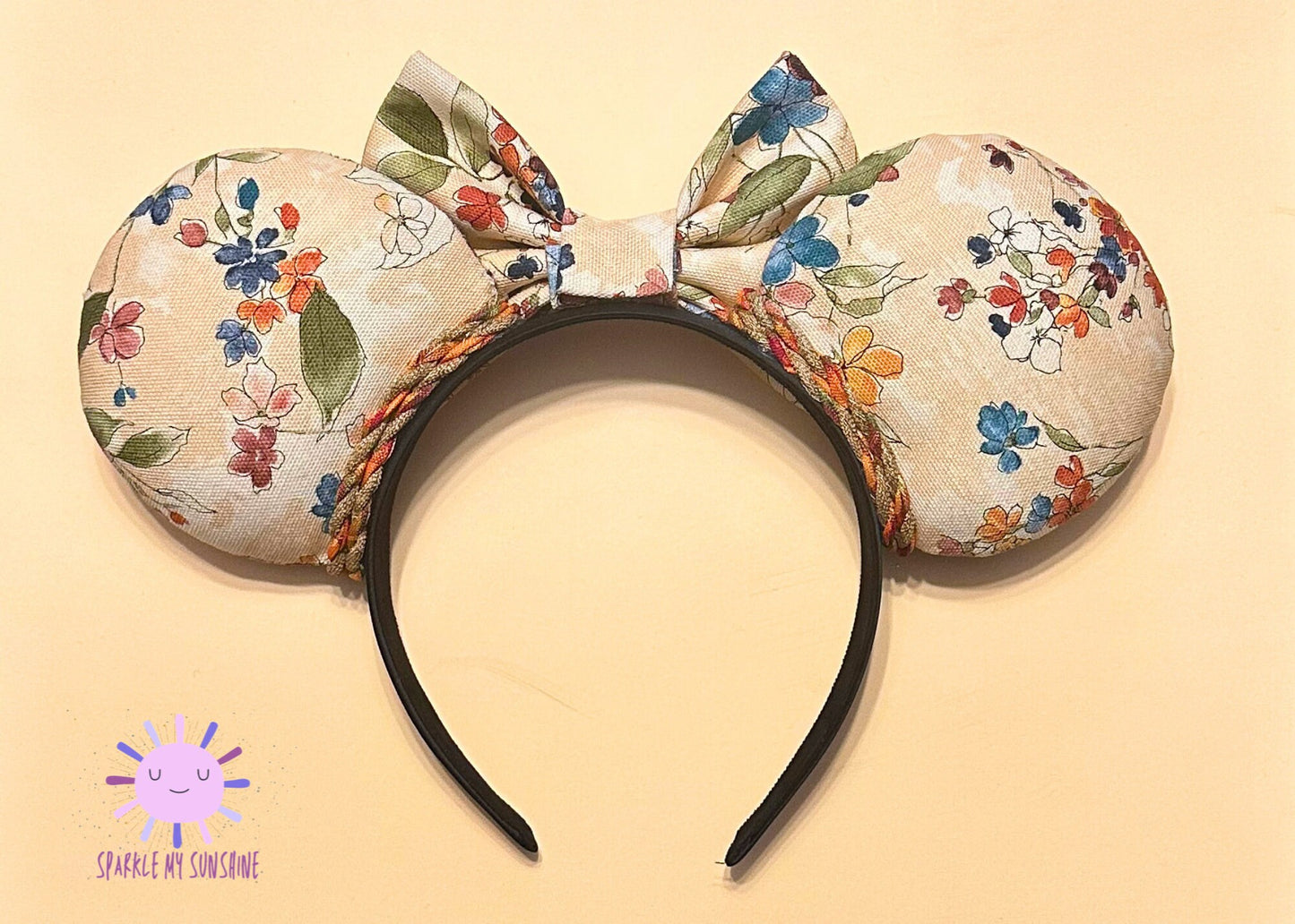 Fall Floral Disney Ears, Tan Brown Mickey Mouse Ears Headband, Flower and Garden Minnie Ears, DisneyLand Thanksgiving Ears, Autumn Harvest
