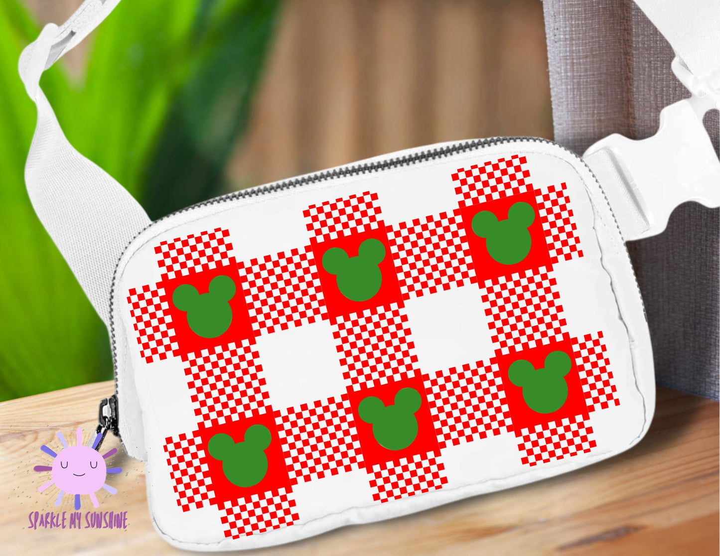 Disney Christmas Custom Fanny Pack, Mickey Holiday Belt Bag, Parks Sling Bag, Green Plaid Crossbody Bag, Red Bum Purse, Waist Bag, Xmas Gift