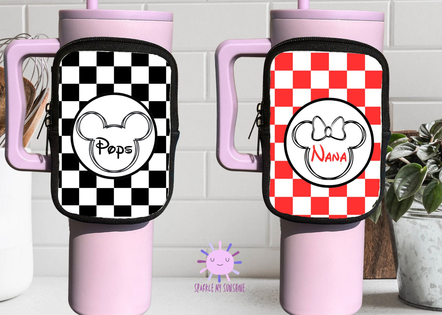 Personalized Mickey Stanley Tumbler Accessories, Custom Minnie Water Bottle Zipper Pouch, Checker Coin Purse, Yeti Owala Cup Bag