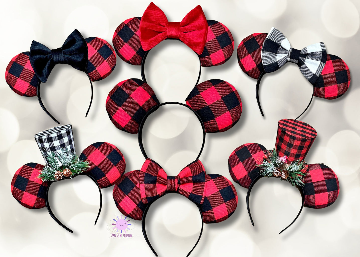 Red Buffalo Plaid Disney Christmas Ears, Family Group Custom Holiday Minnie Ears, Couples Mouse Ears, No Bow Mickey Ears, Christmas Headband