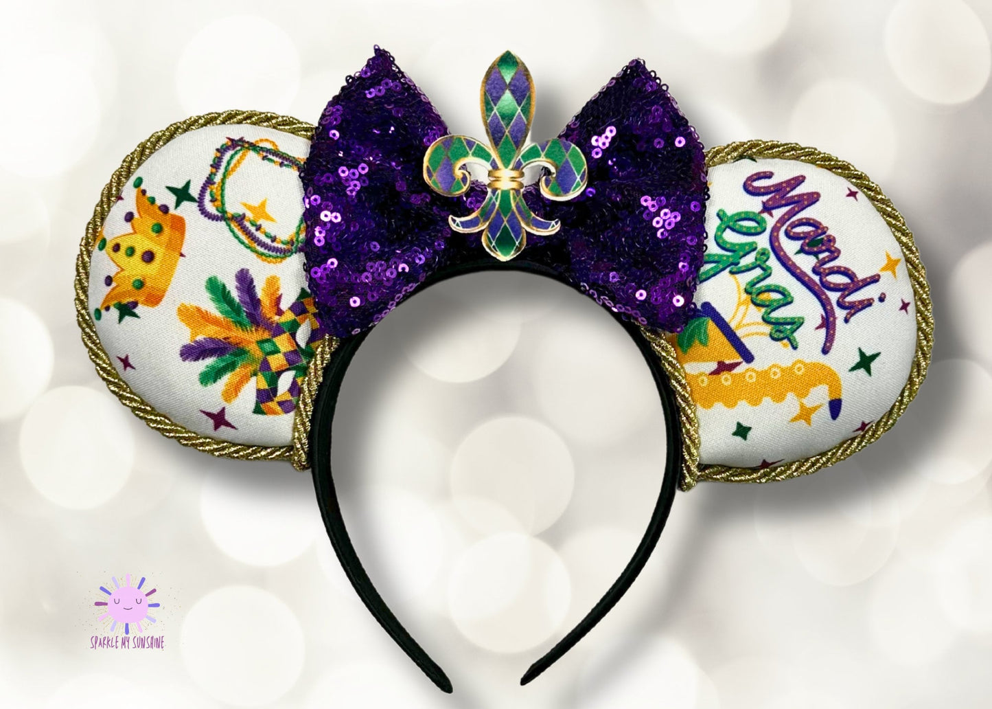 Mardi Gras Disney Ears, New Orleans Holiday Celebration Mickey Ears Headband, Sequin Bow Minnie Ears, Fleur di Lis Mouse Ear, Princess Tiana