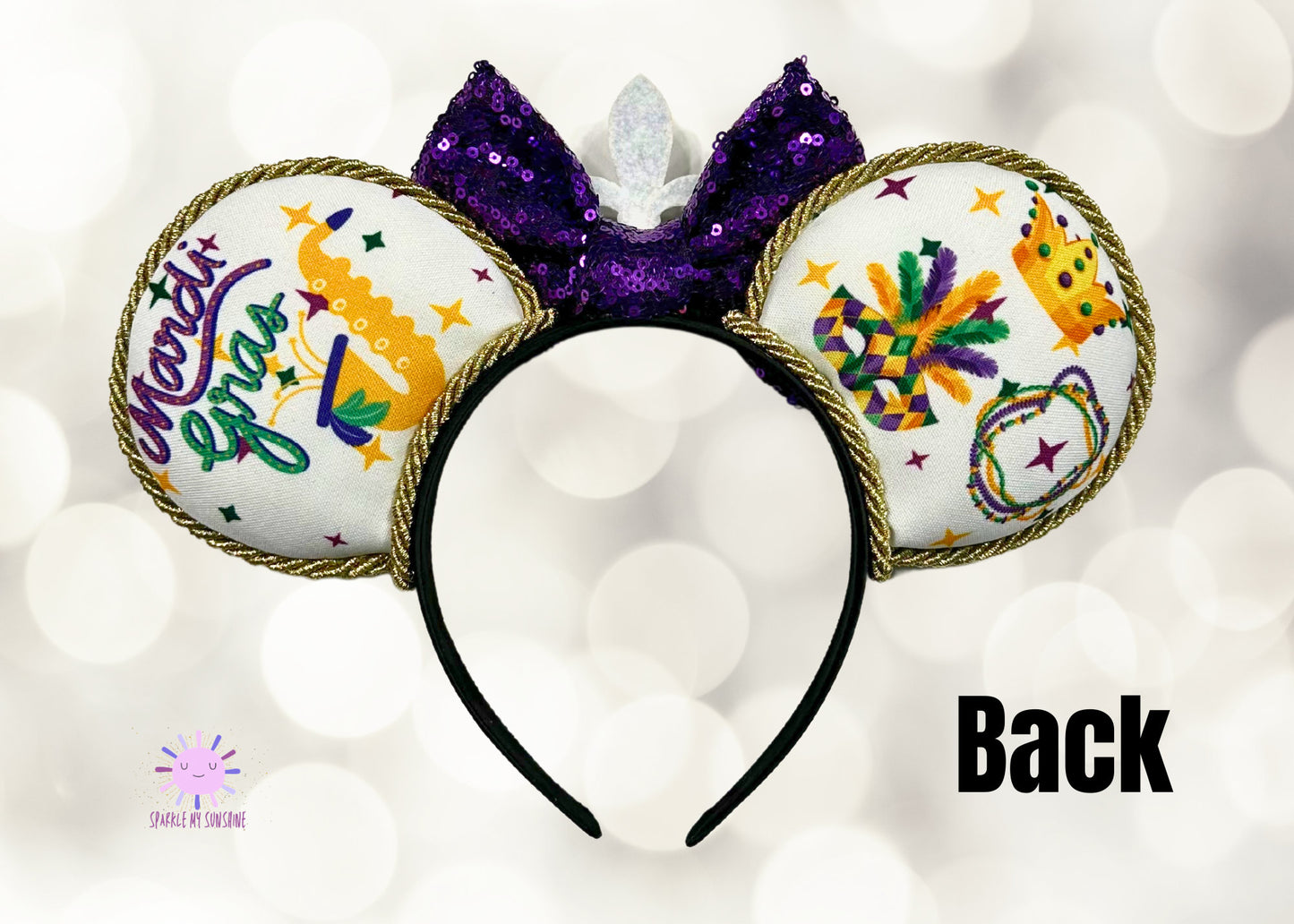 Mardi Gras Disney Ears, New Orleans Holiday Celebration Mickey Ears Headband, Sequin Bow Minnie Ears, Fleur di Lis Mouse Ear, Princess Tiana