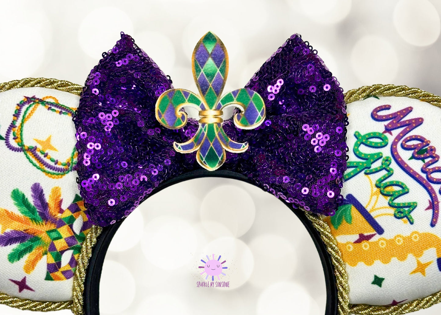 Mardi Gras Disney Ears, New Orleans Holiday Celebration Mickey Ears Headband, Sequin Bow Minnie Ears, Fleur di Lis Mouse Ear, Princess Tiana