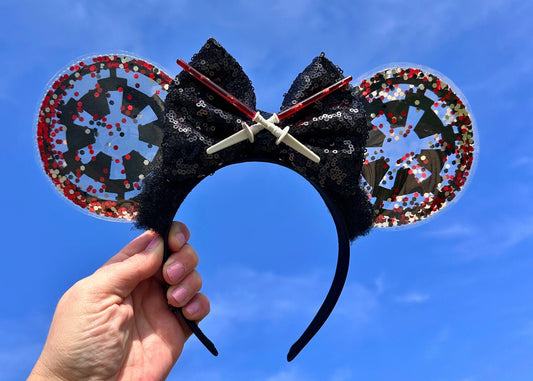 Darth Vader inspired Star Wars Disney Ears, Kylo Red Clear Glitter Mickey Ears, Red Sith Lightsaber Minnie Ears, Galaxys Edge Headband