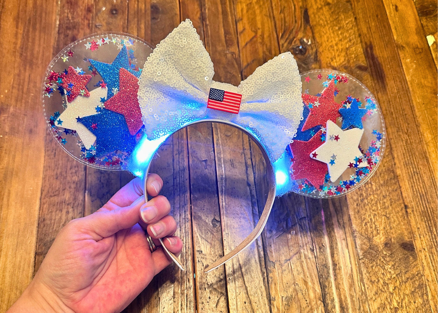 4th of July Glitter Disney Ears Headband, Patriotic Stars Mickey Ears, American Flag Minnie Ears, Memorial Day, Red White Blue Fireworks Ear