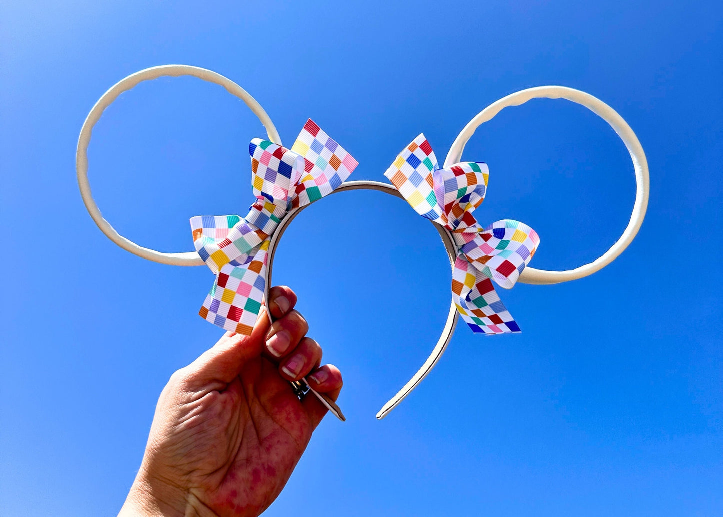 Rainbow Retro Checkered Coquette Bows Disney Ears, White Faux Leather Mickey Ears, Spring Summer Minnie Ears, Disneyland Mouse Ears Headband