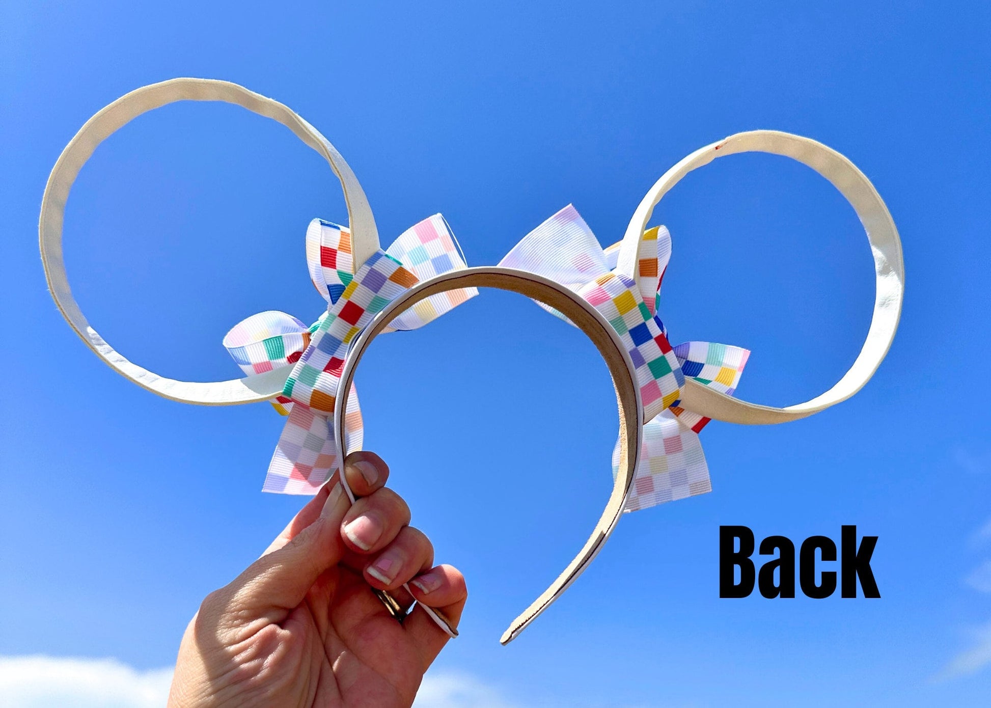 Rainbow Retro Checkered Coquette Bows Disney Ears, White Faux Leather Mickey Ears, Spring Summer Minnie Ears, Disneyland Mouse Ears Headband