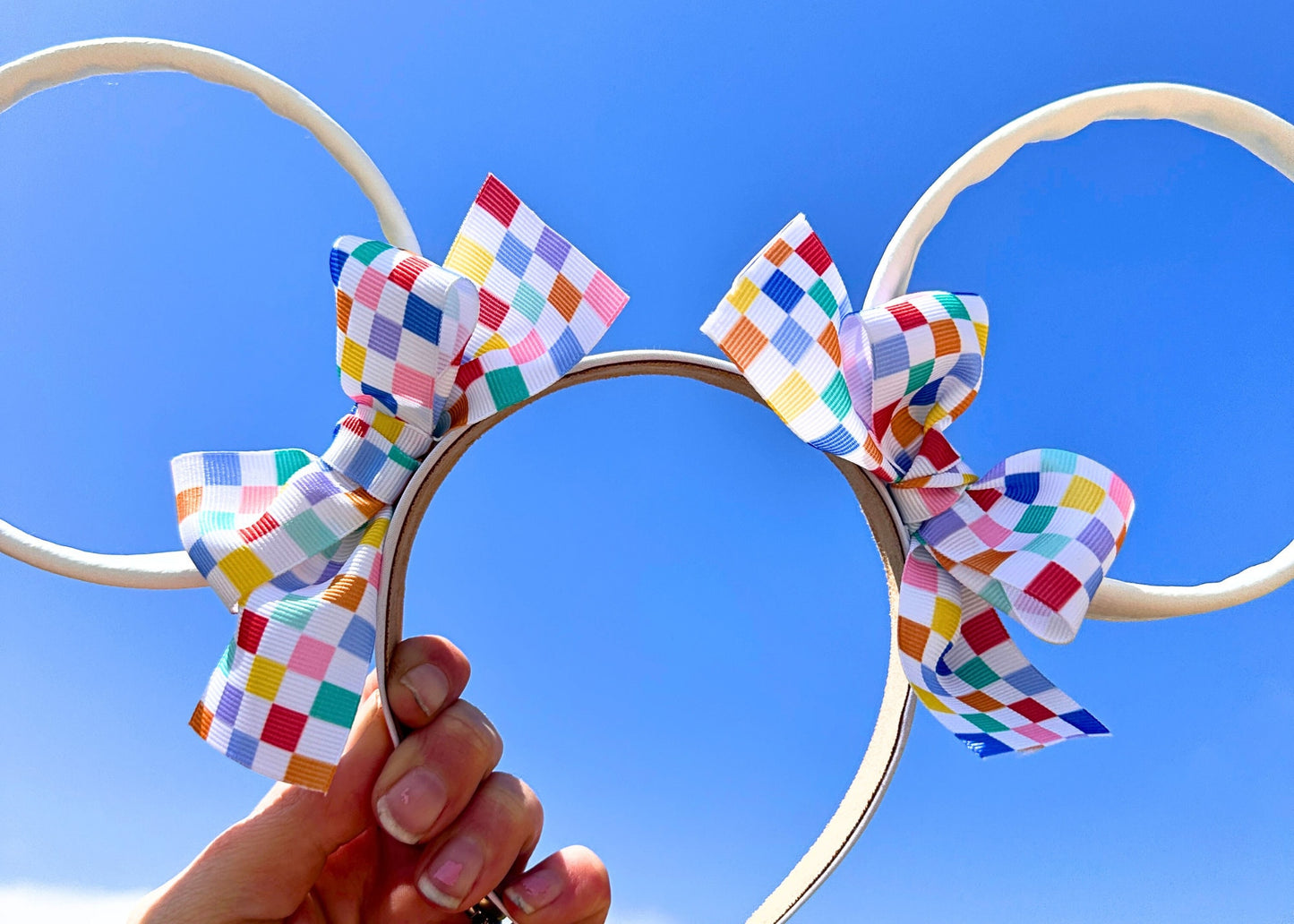 Rainbow Retro Checkered Coquette Bows Disney Ears, White Faux Leather Mickey Ears, Spring Summer Minnie Ears, Disneyland Mouse Ears Headband