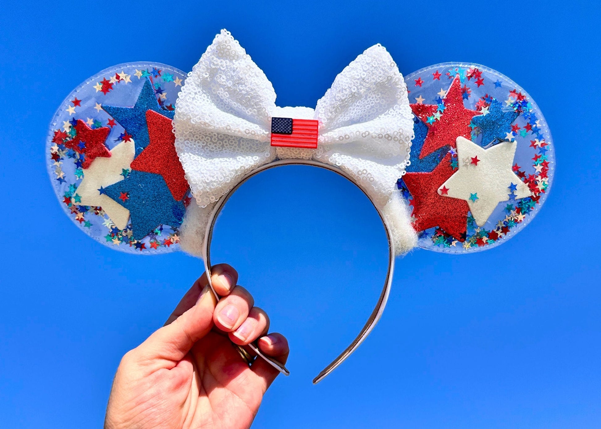 4th of July Glitter Disney Ears Headband, Patriotic Stars Mickey Ears, American Flag Minnie Ears, Memorial Day, Red White Blue Fireworks Ear