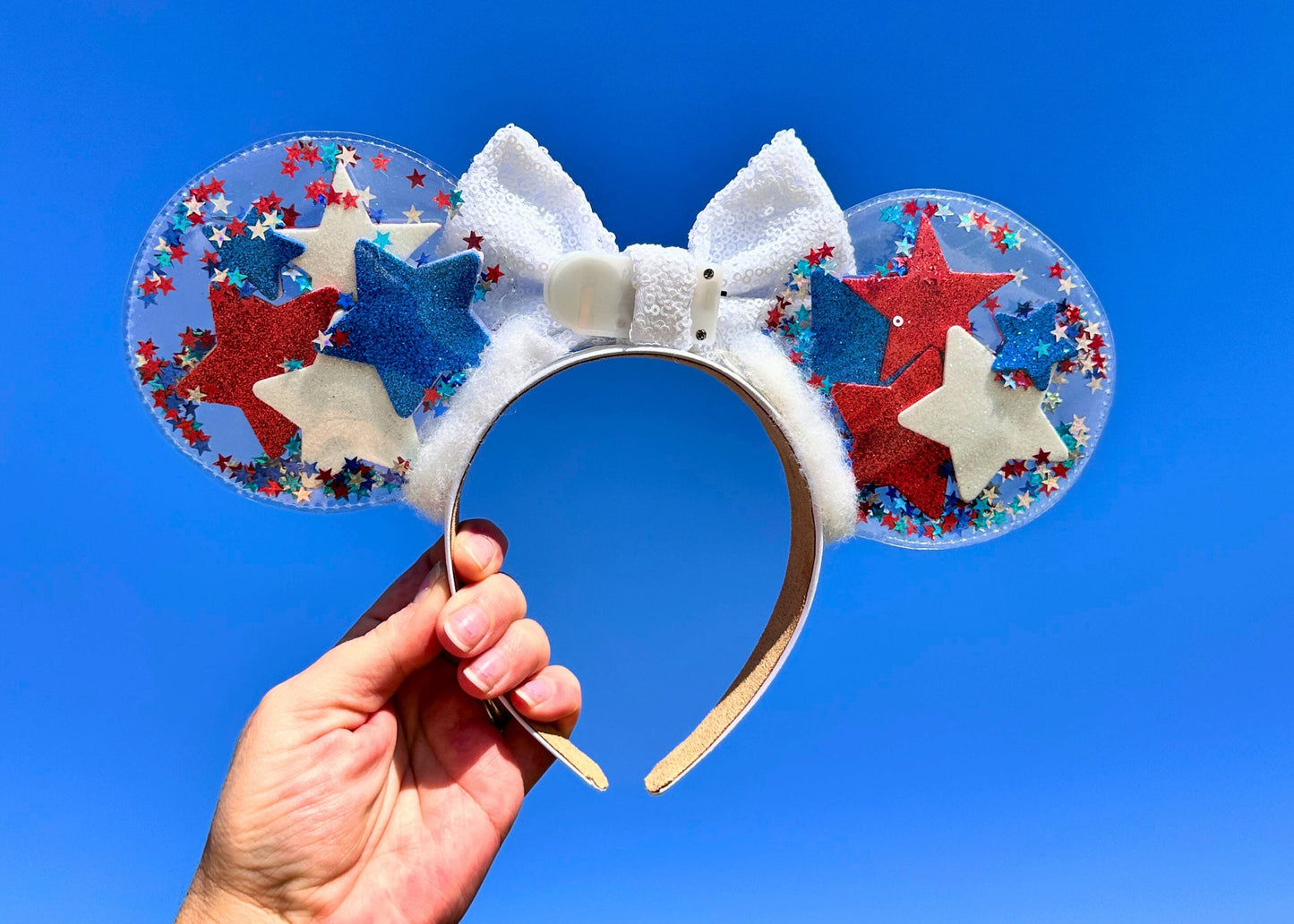 4th of July Glitter Disney Ears Headband, Patriotic Stars Mickey Ears, American Flag Minnie Ears, Memorial Day, Red White Blue Fireworks Ear