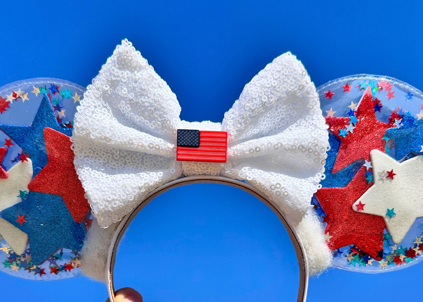 4th of July Glitter Disney Ears Headband, Patriotic Stars Mickey Ears, American Flag Minnie Ears, Memorial Day, Red White Blue Fireworks Ear