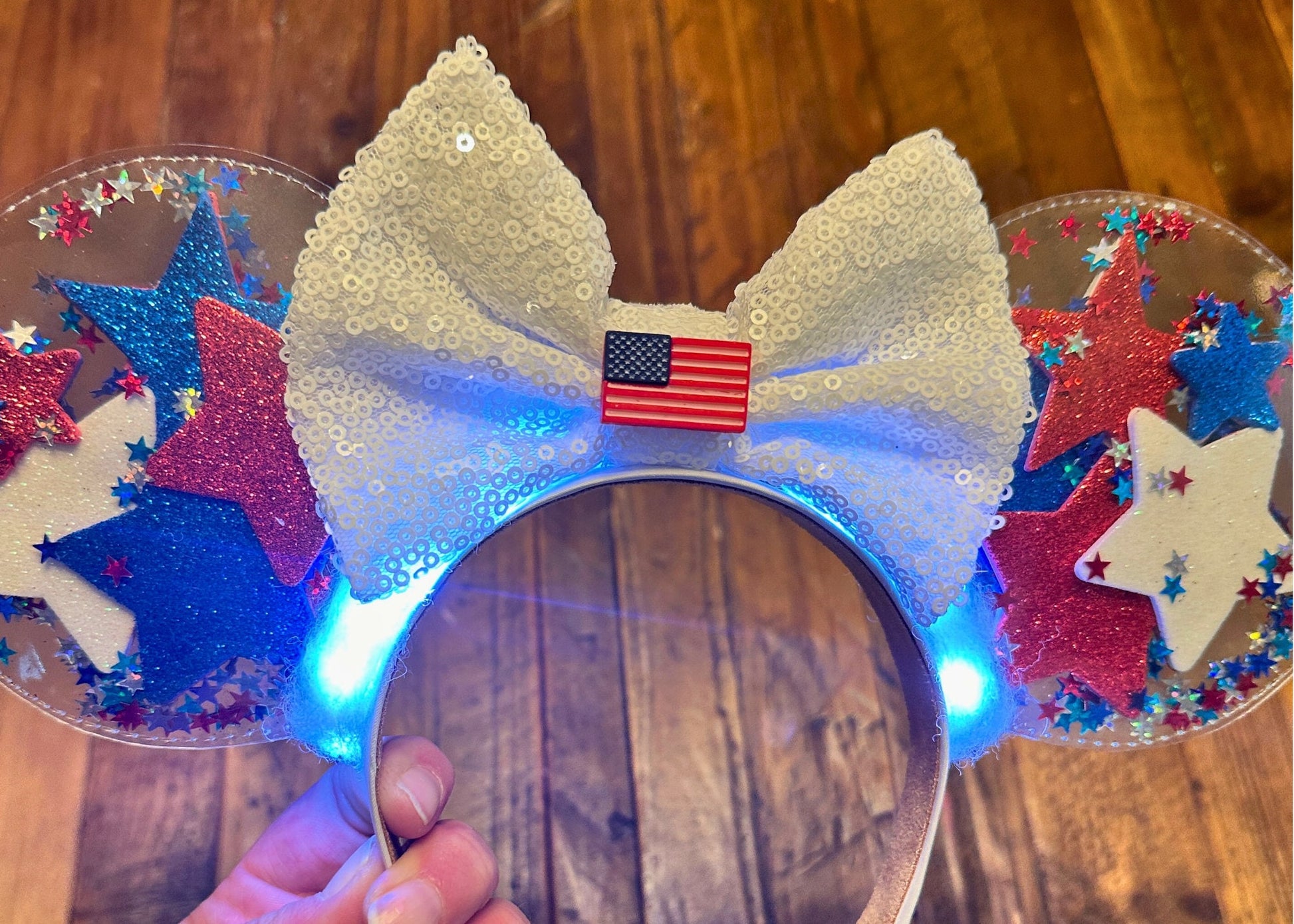 4th of July Glitter Disney Ears Headband, Patriotic Stars Mickey Ears, American Flag Minnie Ears, Memorial Day, Red White Blue Fireworks Ear