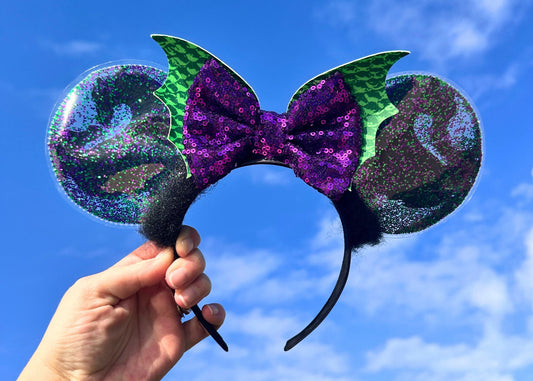 Descendants Mal Villain Glitter Disney Ears, Maleficent Dragon Mickey Ears, Sequin Bow Minnie Ears, Disneyland Halloween Mouse Ears Headband