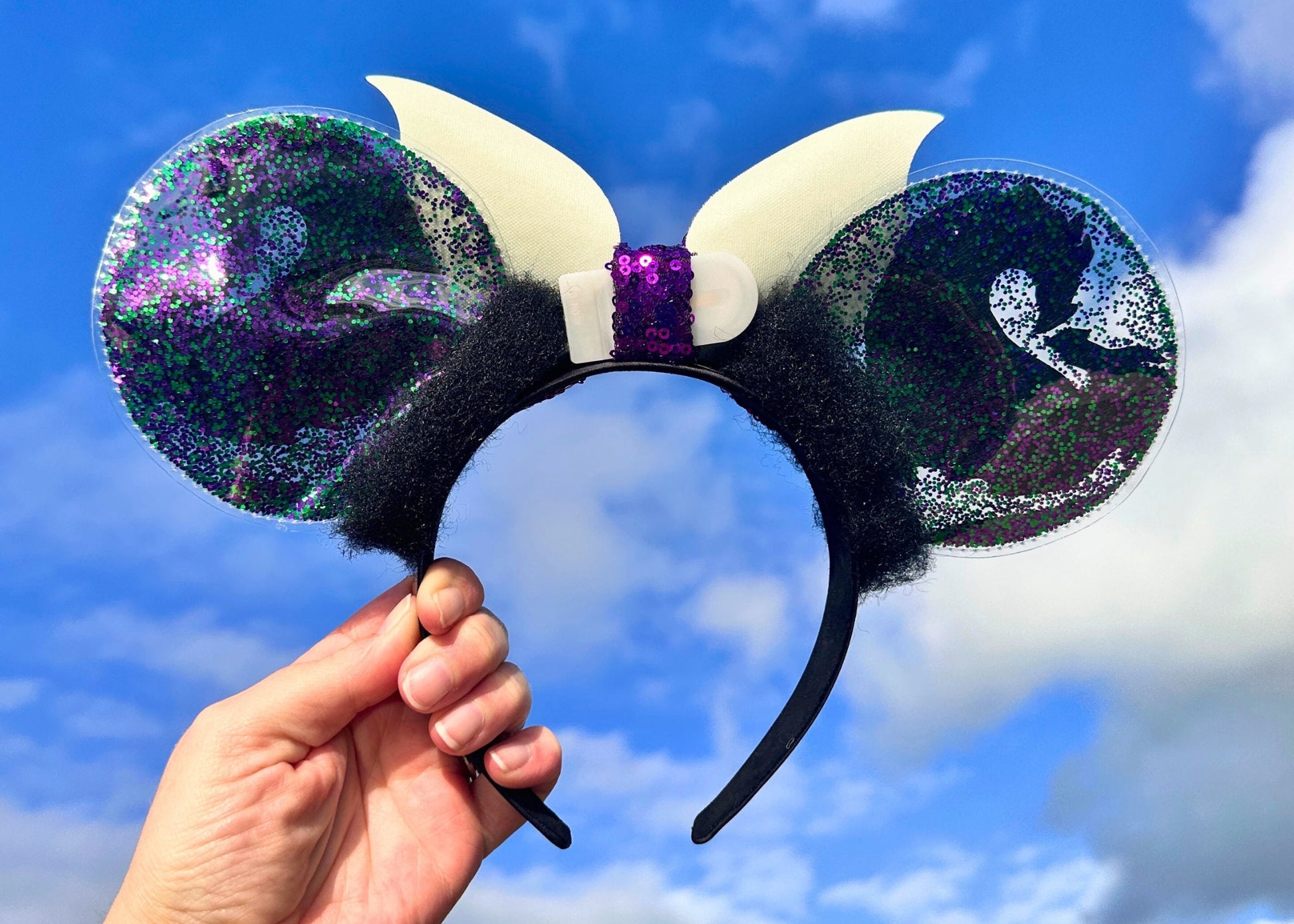 Descendants Mal Villain Glitter Disney Ears, Maleficent Dragon Mickey Ears, Sequin Bow Minnie Ears, Disneyland Halloween Mouse Ears Headband