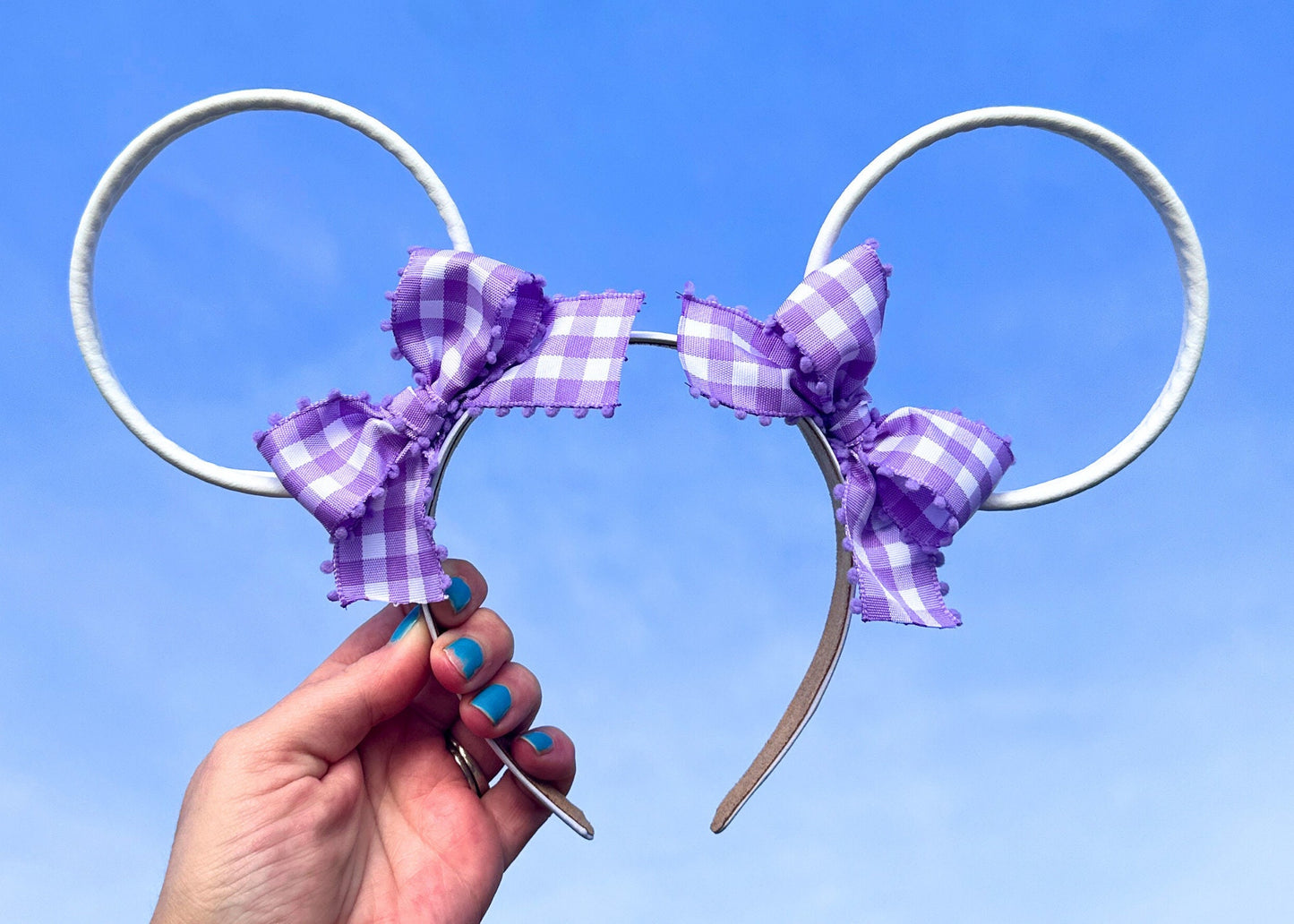 Purple Gingham Bows Disney Ears, White Faux Leather Mickey Ears, Wire Spring Summer Ears, Disneyland Mouse Headband, Coquette Hair Accessory