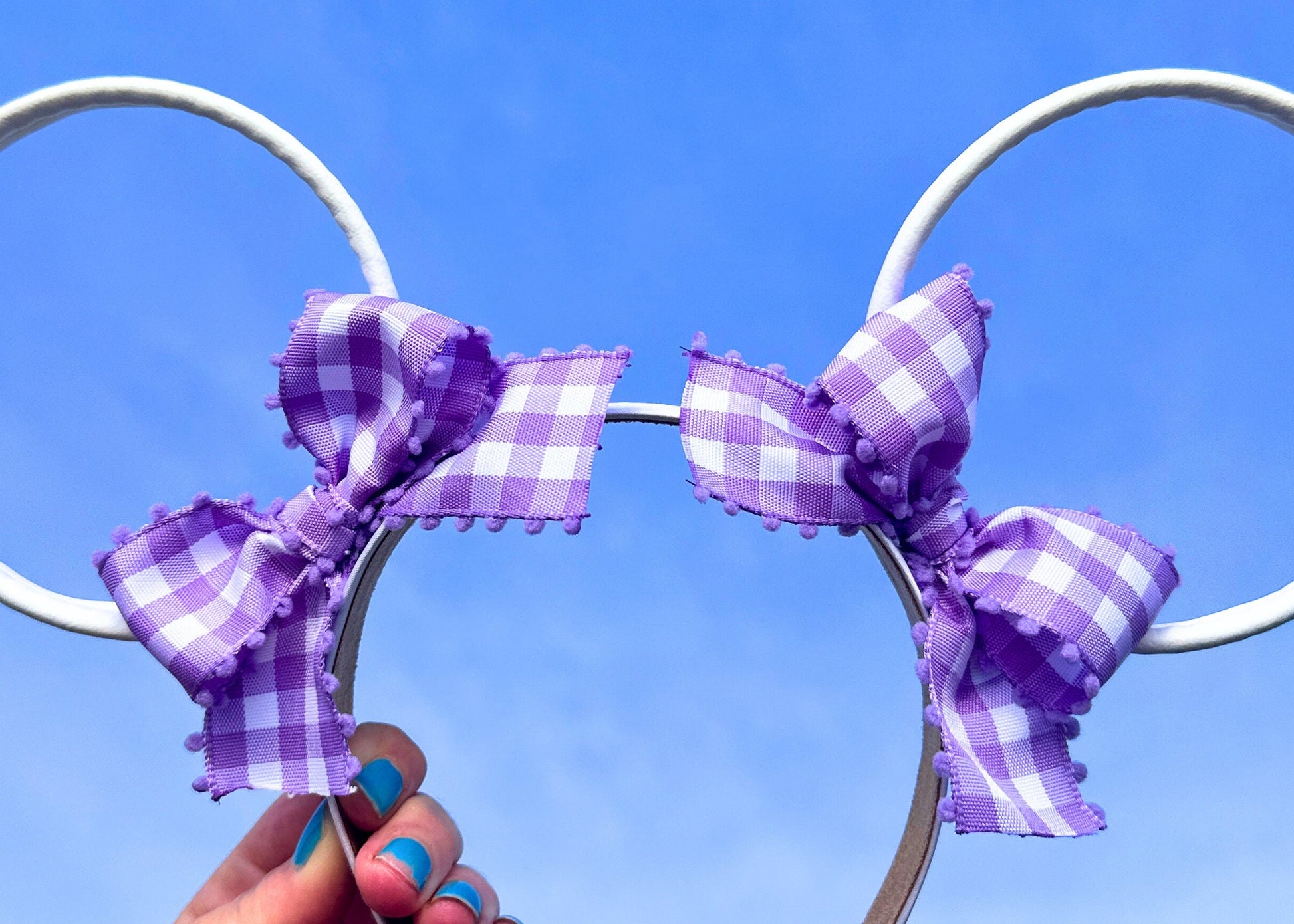 Purple Gingham Bows Disney Ears, White Faux Leather Mickey Ears, Wire Spring Summer Ears, Disneyland Mouse Headband, Coquette Hair Accessory