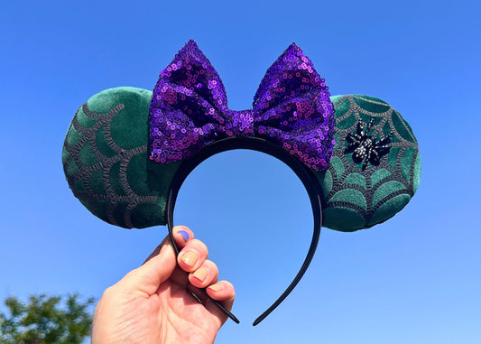 Spider Web Disney Halloween Ears, Mickey Not So Scary Ears, Boo To You Party Minnie Headband, Green Velvet, Purple Sequin, Rhinestone Spider