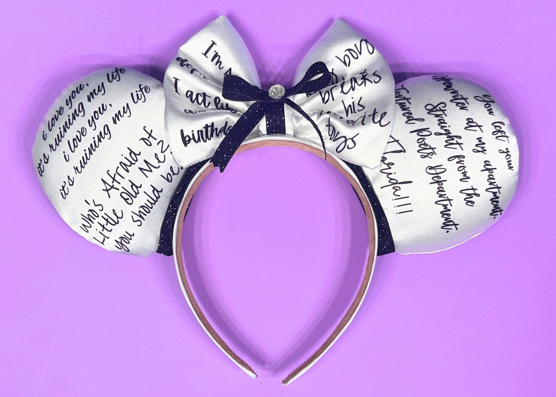 Tortured Poets inspired Disney Ears, Swiftie Mickey Ears, Taylors Era Tour Minnie Ears, TTPD, Glitter Bow, Black White Mouse Ears Headband