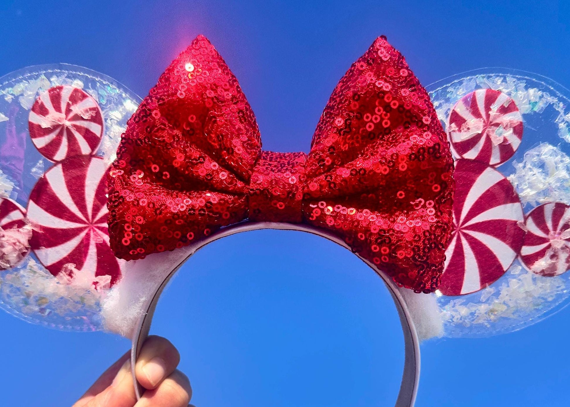 Red Peppermint Mickey Disney Christmas Ears Headband, Snow Globe Minnie Ears, Disneyland Mouse Ears, Handmade Custom Holiday Headband