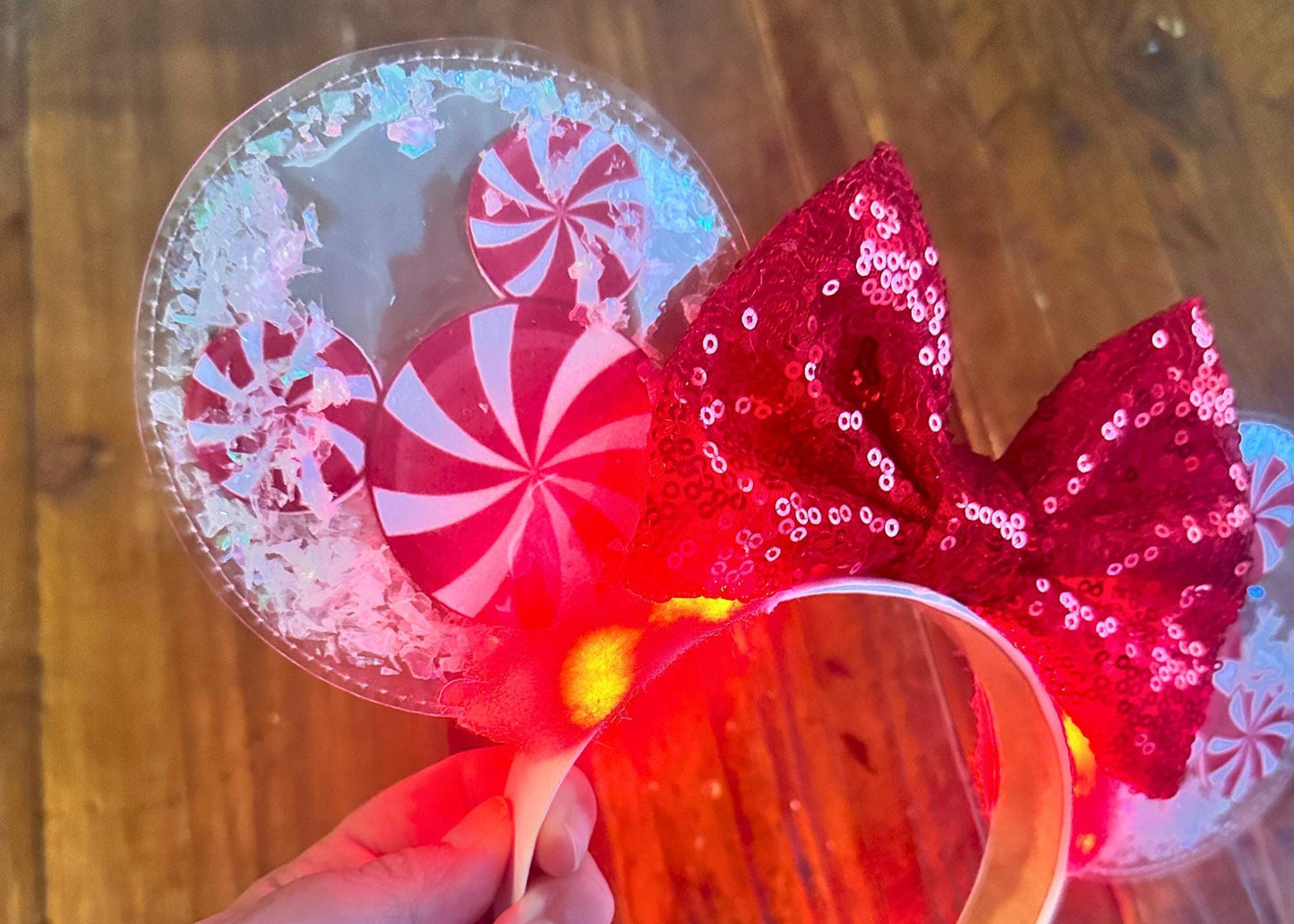 Red Peppermint Mickey Disney Christmas Ears Headband, Snow Globe Minnie Ears, Disneyland Mouse Ears, Handmade Custom Holiday Headband