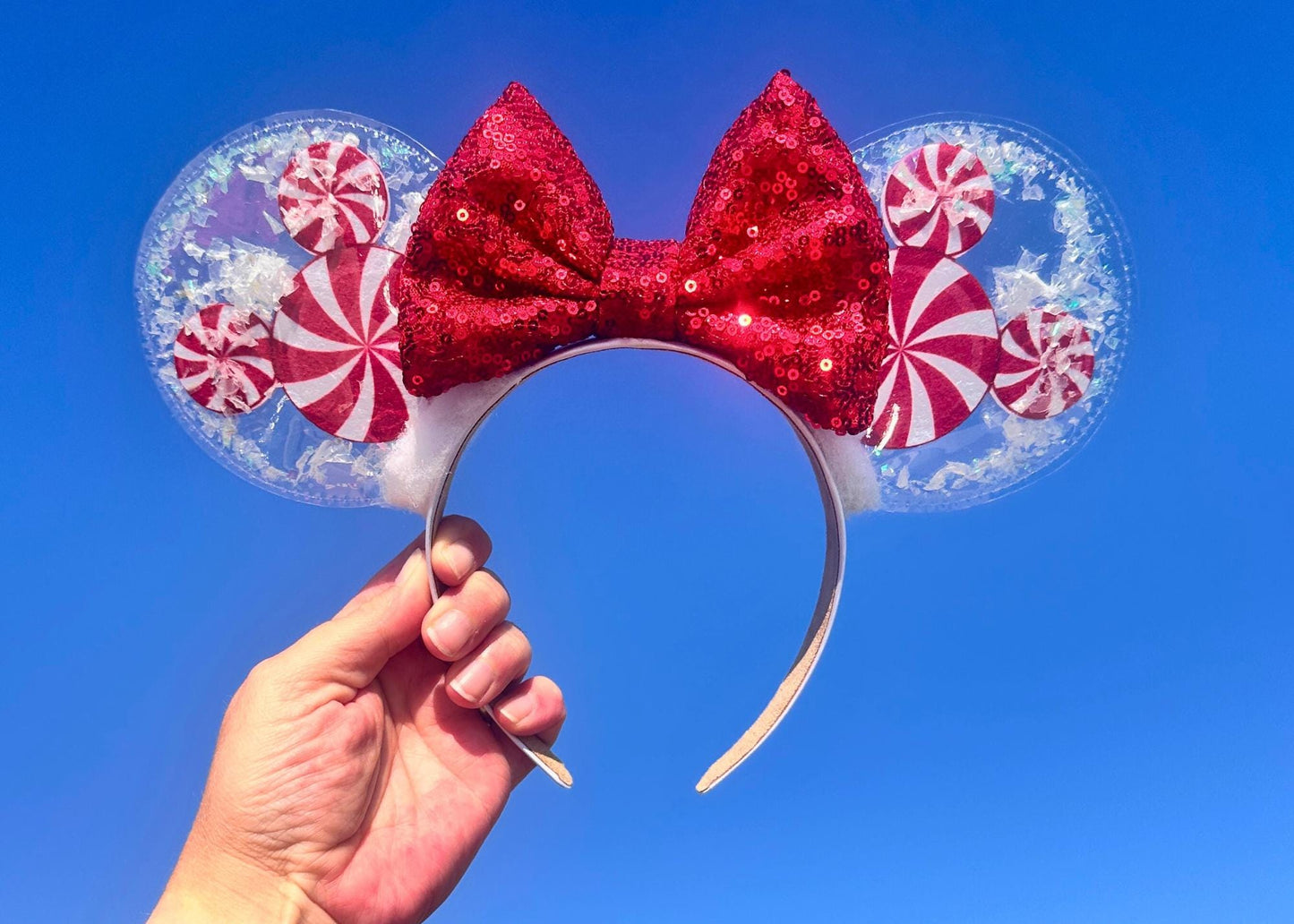 Red Peppermint Mickey Disney Christmas Ears Headband, Snow Globe Minnie Ears, Disneyland Mouse Ears, Handmade Custom Holiday Headband