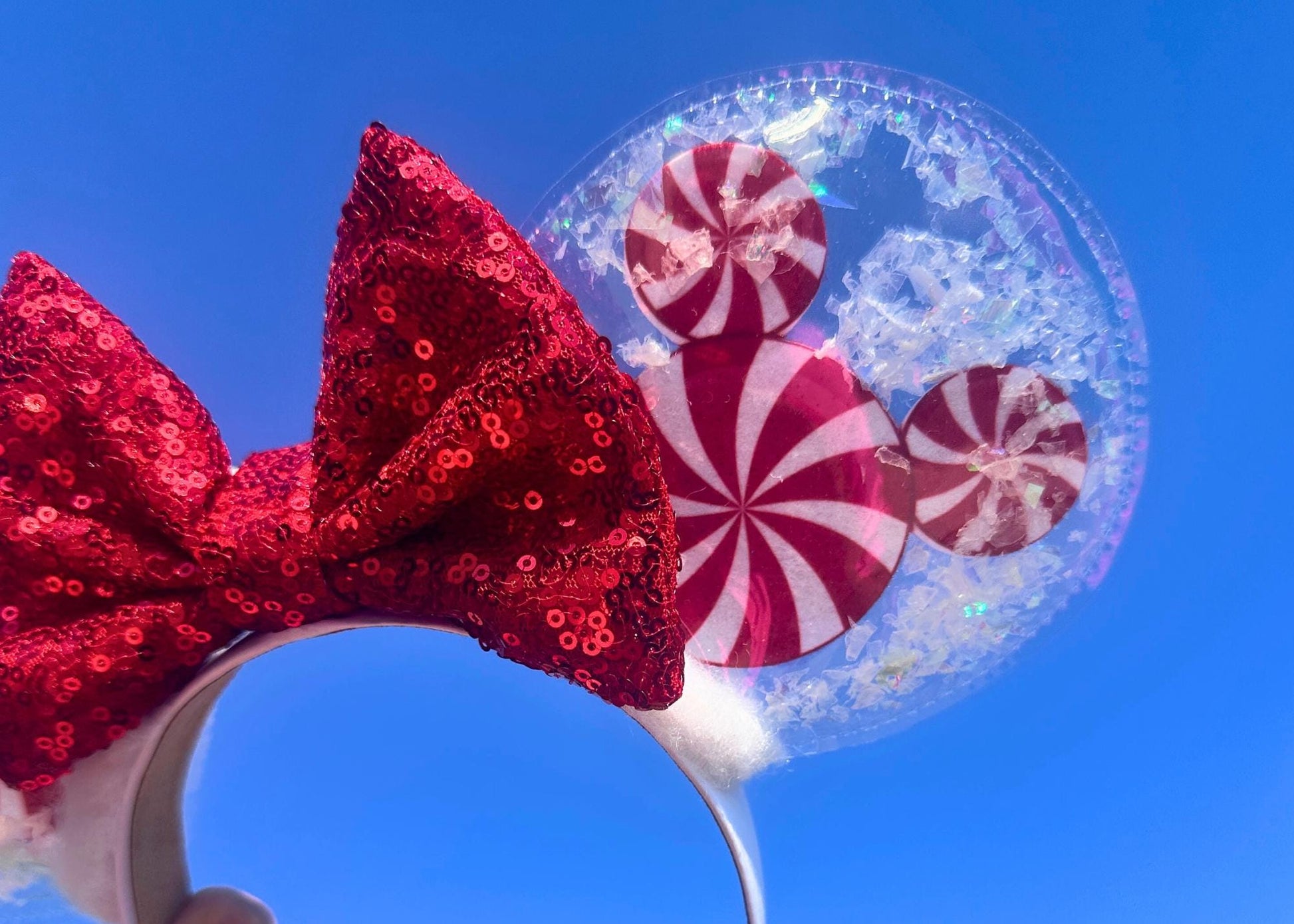 Red Peppermint Mickey Disney Christmas Ears Headband, Snow Globe Minnie Ears, Disneyland Mouse Ears, Handmade Custom Holiday Headband