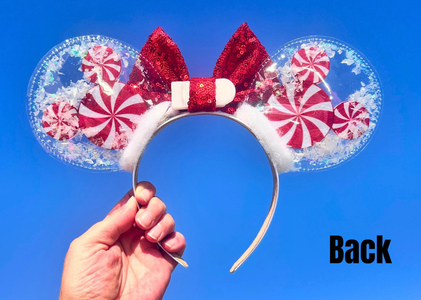 Red Peppermint Mickey Disney Christmas Ears Headband, Snow Globe Minnie Ears, Disneyland Mouse Ears, Handmade Custom Holiday Headband