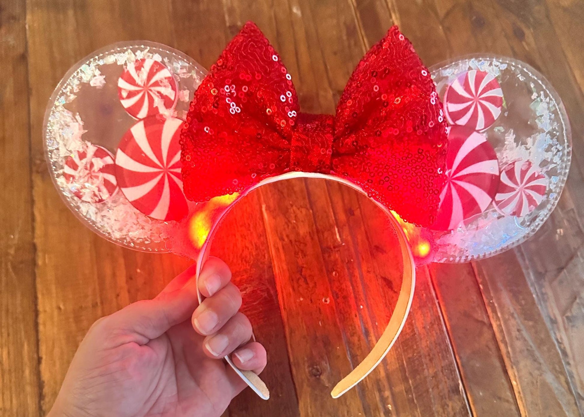 Red Peppermint Mickey Disney Christmas Ears Headband, Snow Globe Minnie Ears, Disneyland Mouse Ears, Handmade Custom Holiday Headband