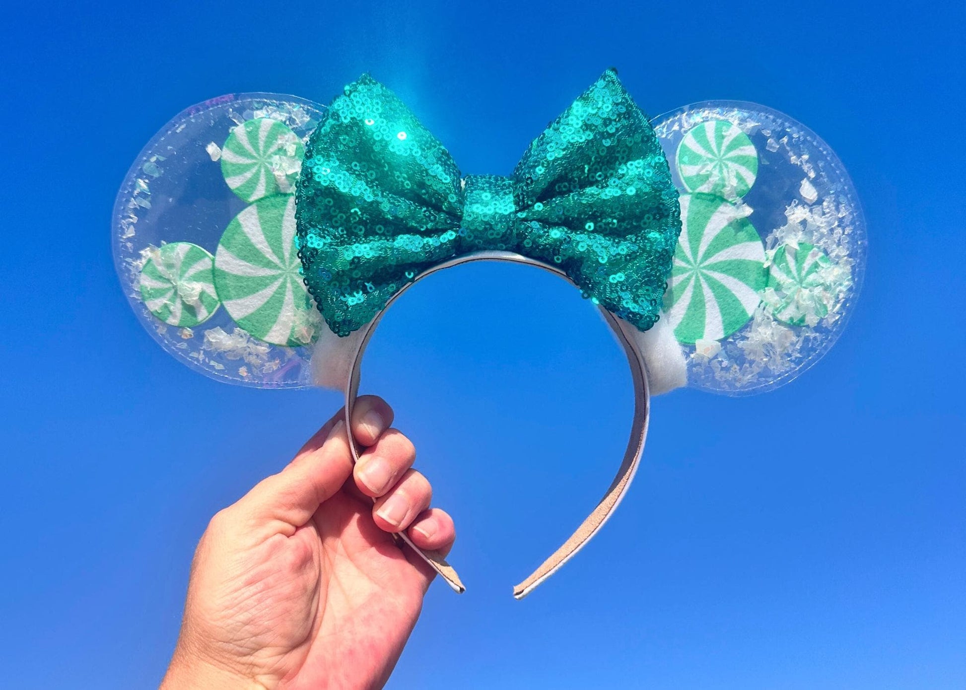 Green Mickey Spearmint Snow Globe Sparkle Christmas Mouse Ears Headband