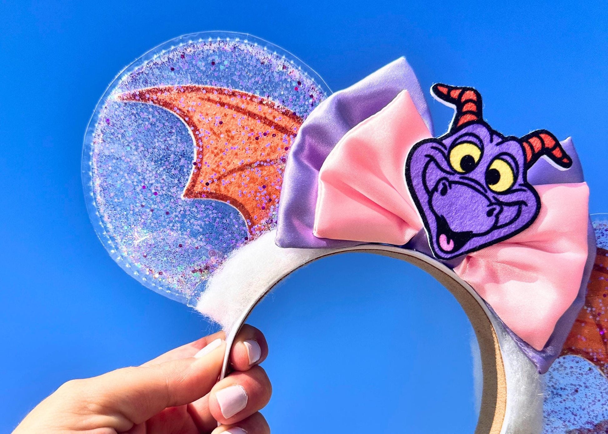 Figment inspired Disney Epcot Clear Glitter Mickey Ears, Purple Dragon Minnie Ears, Arts Festival Mouse Ears, One Little Spark, WDW Vacation