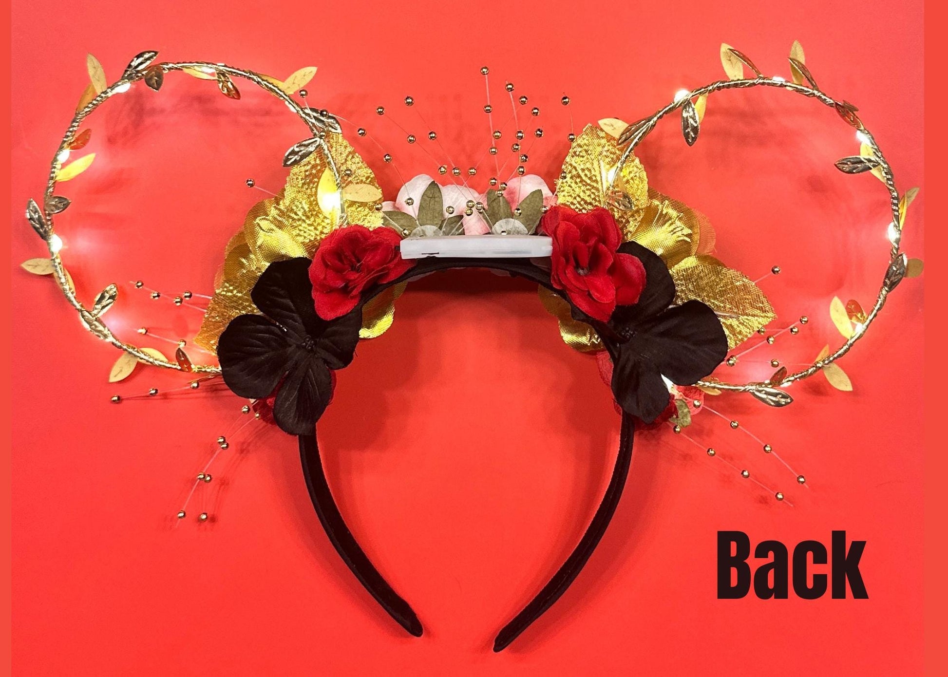 Princess Belle inspired Disney Ears, Beauty and the Beast Mickey Ears, Gold Red Floral Wire Minnie Ears, Flower Crown, Character Birthday