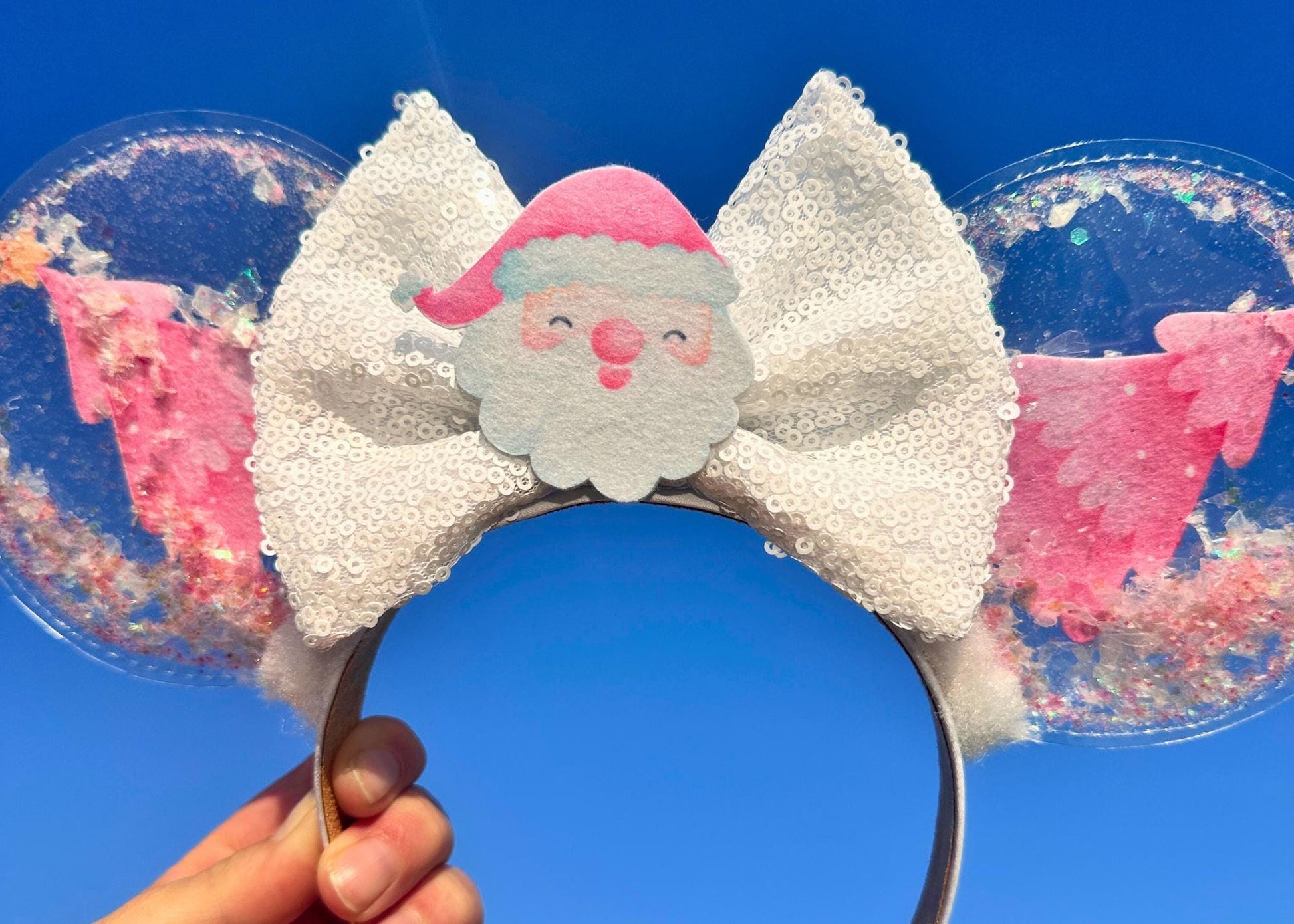 Pink Holiday Tree Disney Mickey Christmas Ears Headband, Snow Globe Minnie Ears, Disneyland Mouse Ears, Handmade Custom Holiday Headband