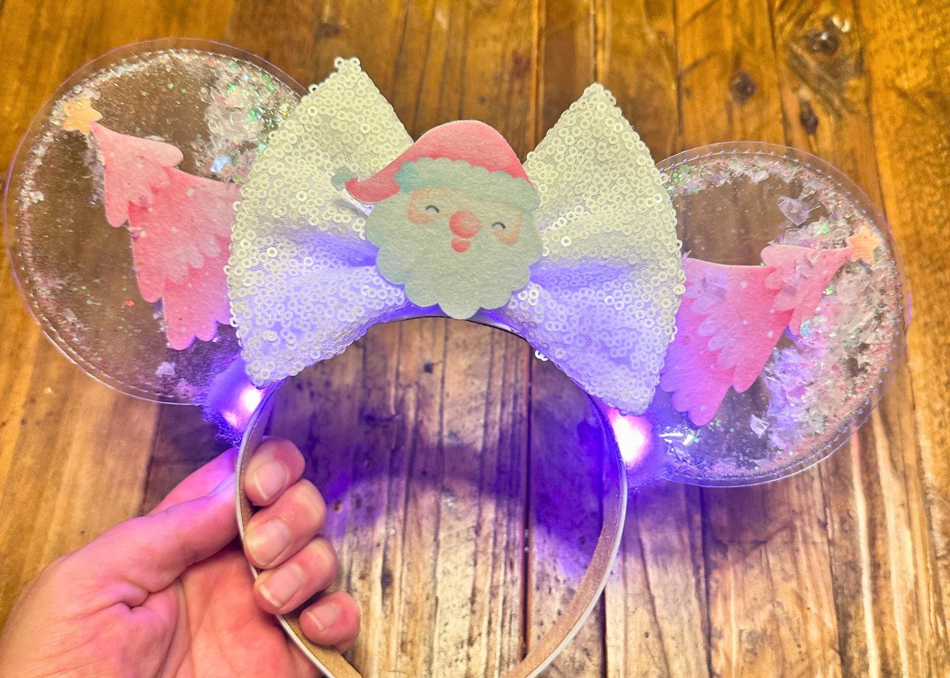 Pink Holiday Tree Disney Mickey Christmas Ears Headband, Snow Globe Minnie Ears, Disneyland Mouse Ears, Handmade Custom Holiday Headband