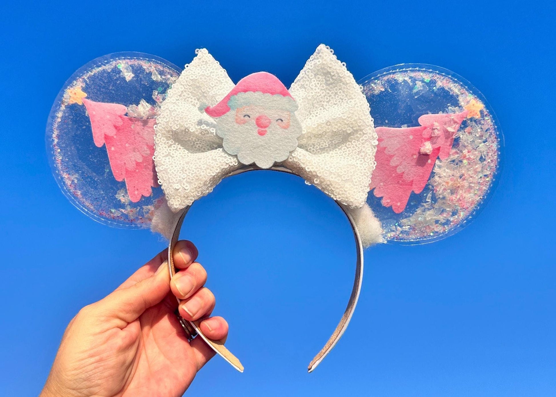 Pink Holiday Tree Disney Mickey Christmas Ears Headband, Snow Globe Minnie Ears, Disneyland Mouse Ears, Handmade Custom Holiday Headband