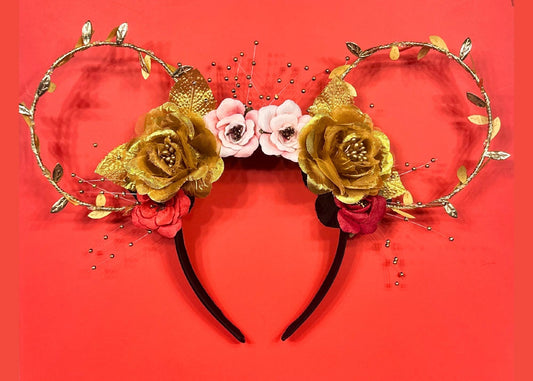 Princess Belle inspired Disney Ears, Beauty and the Beast Mickey Ears, Gold Red Floral Wire Minnie Ears, Flower Crown, Character Birthday