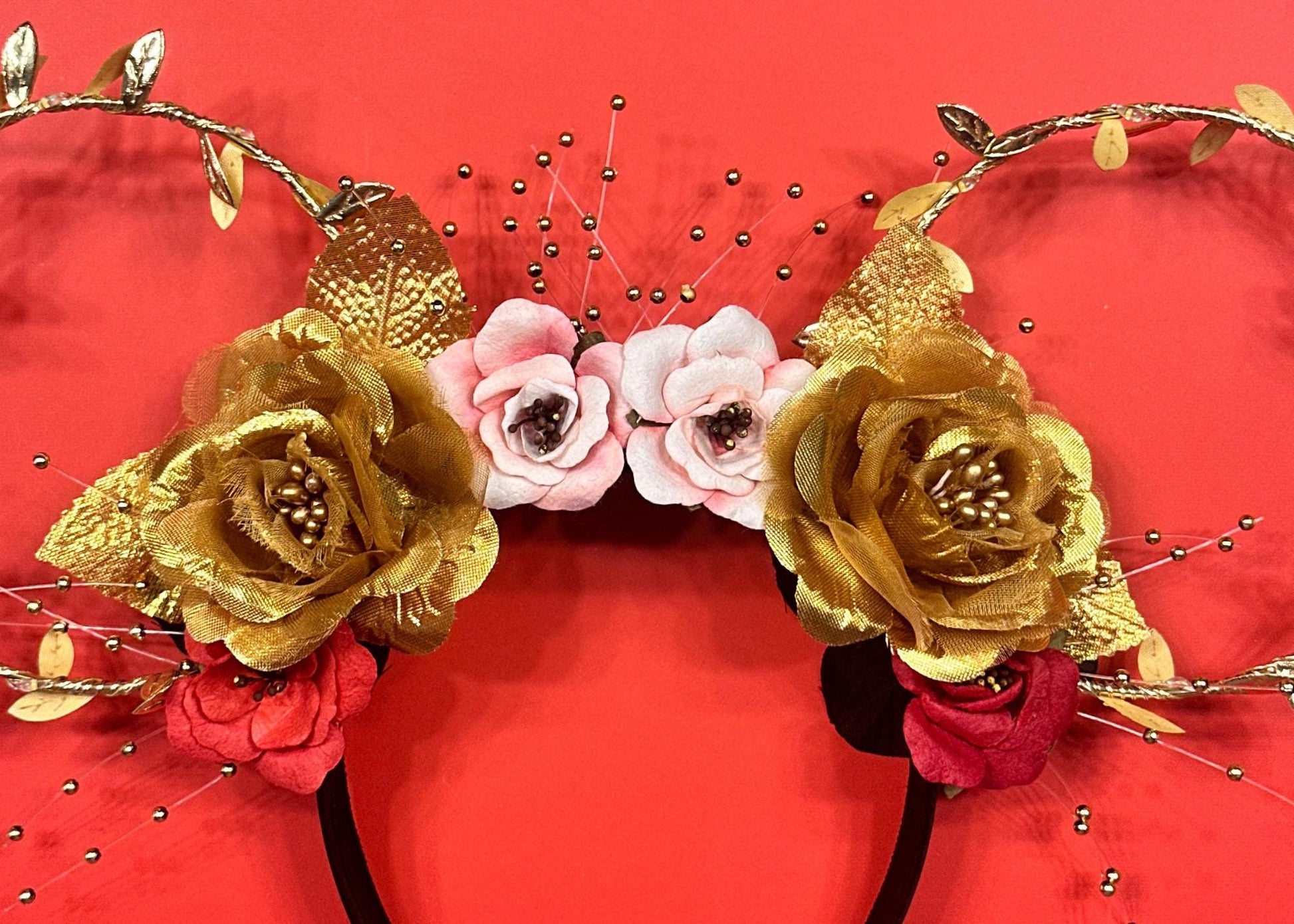 Princess Belle inspired Disney Ears, Beauty and the Beast Mickey Ears, Gold Red Floral Wire Minnie Ears, Flower Crown, Character Birthday