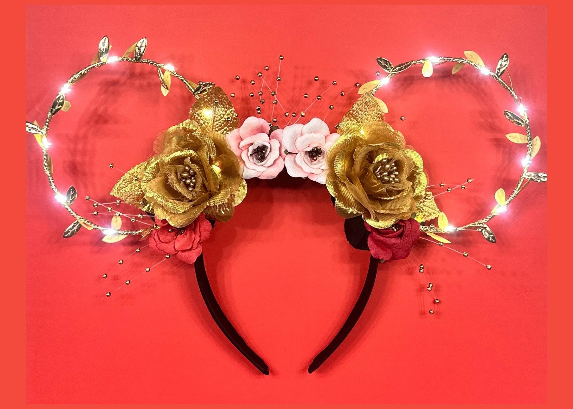 Princess Belle inspired Disney Ears, Beauty and the Beast Mickey Ears, Gold Red Floral Wire Minnie Ears, Flower Crown, Character Birthday