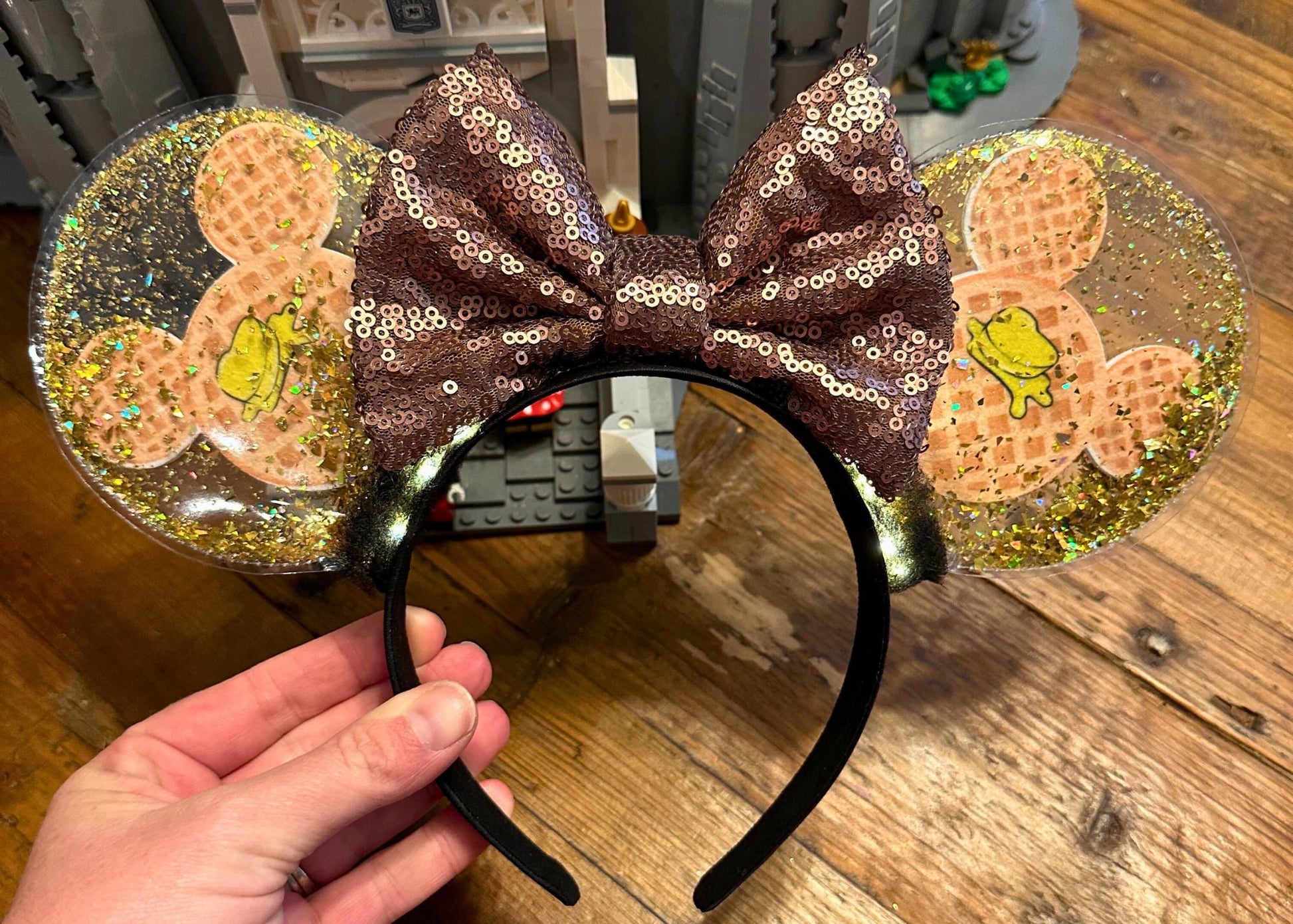 Mickey Waffles Disney Ears, Foodie Snacks Minnie Ears, Park Treats Mouse Ears Headband, Gold Glitter, Sequin Bow, Handmade, Unique, Cute