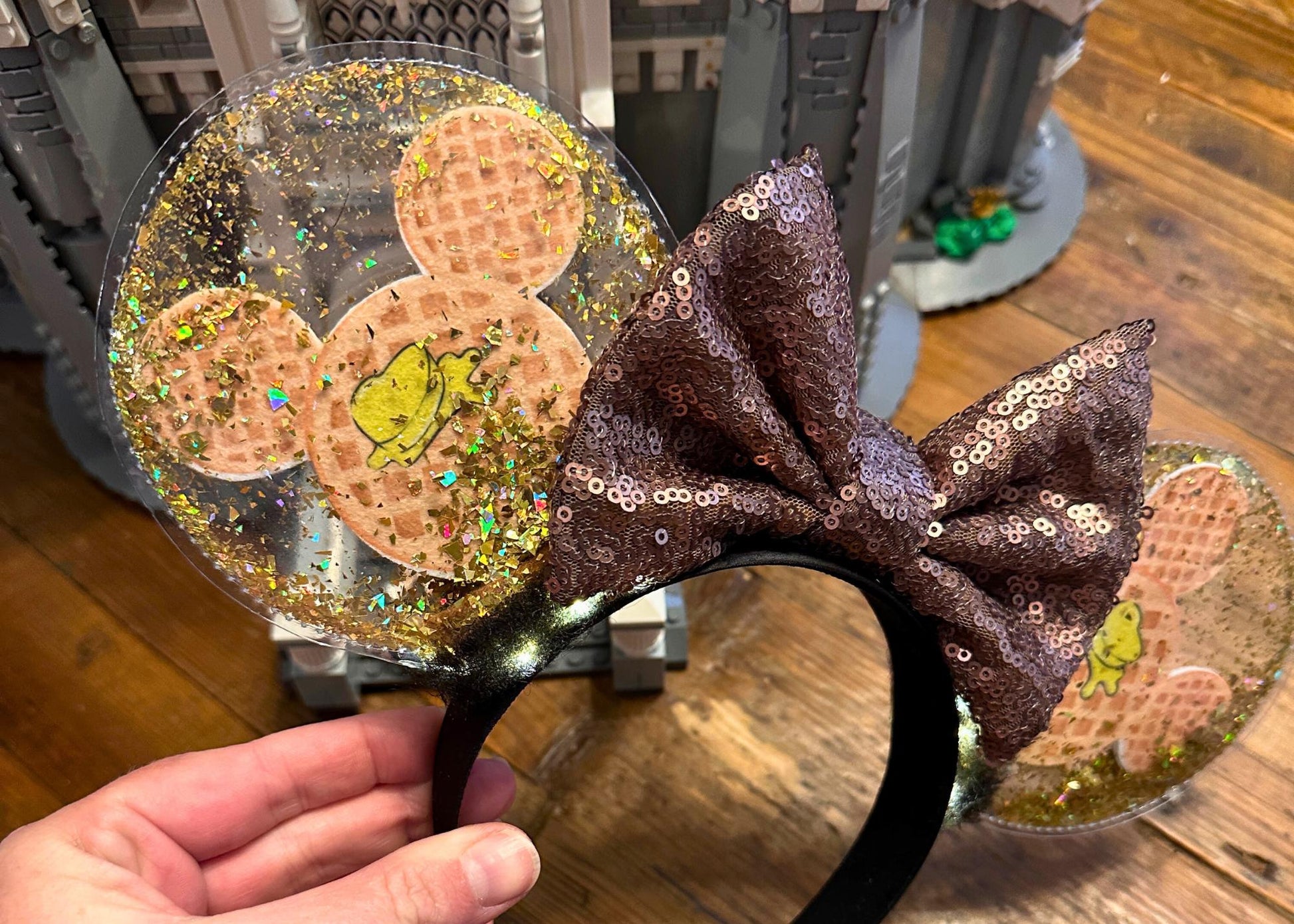 Mickey Waffles Disney Ears, Foodie Snacks Minnie Ears, Park Treats Mouse Ears Headband, Gold Glitter, Sequin Bow, Handmade, Unique, Cute