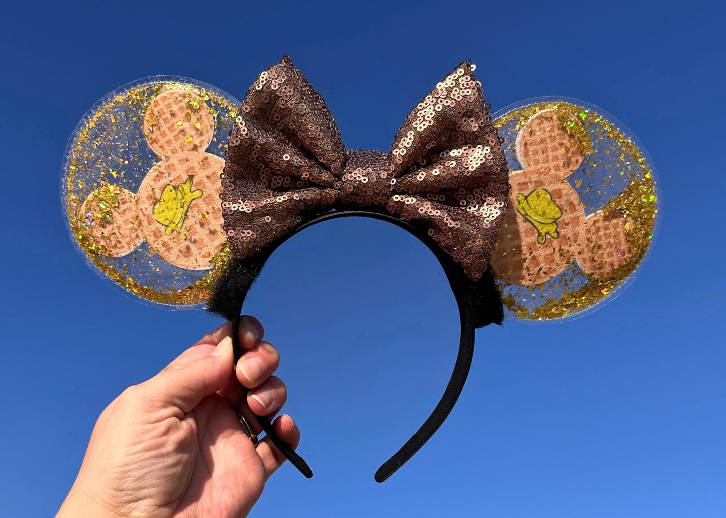 Mickey Waffles Disney Ears, Foodie Snacks Minnie Ears, Park Treats Mouse Ears Headband, Gold Glitter, Sequin Bow, Handmade, Unique, Cute