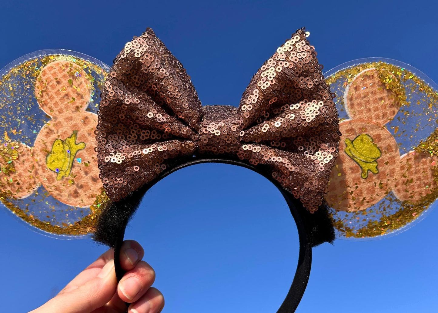 Mickey Waffles Disney Ears, Foodie Snacks Minnie Ears, Park Treats Mouse Ears Headband, Gold Glitter, Sequin Bow, Handmade, Unique, Cute