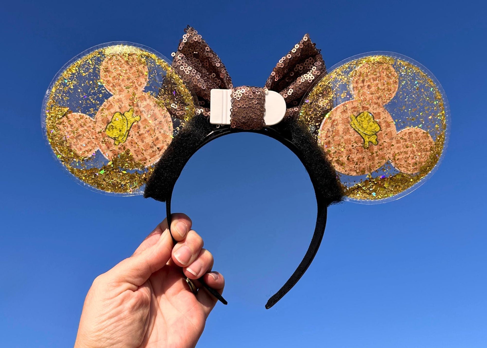 Mickey Waffles Disney Ears, Foodie Snacks Minnie Ears, Park Treats Mouse Ears Headband, Gold Glitter, Sequin Bow, Handmade, Unique, Cute