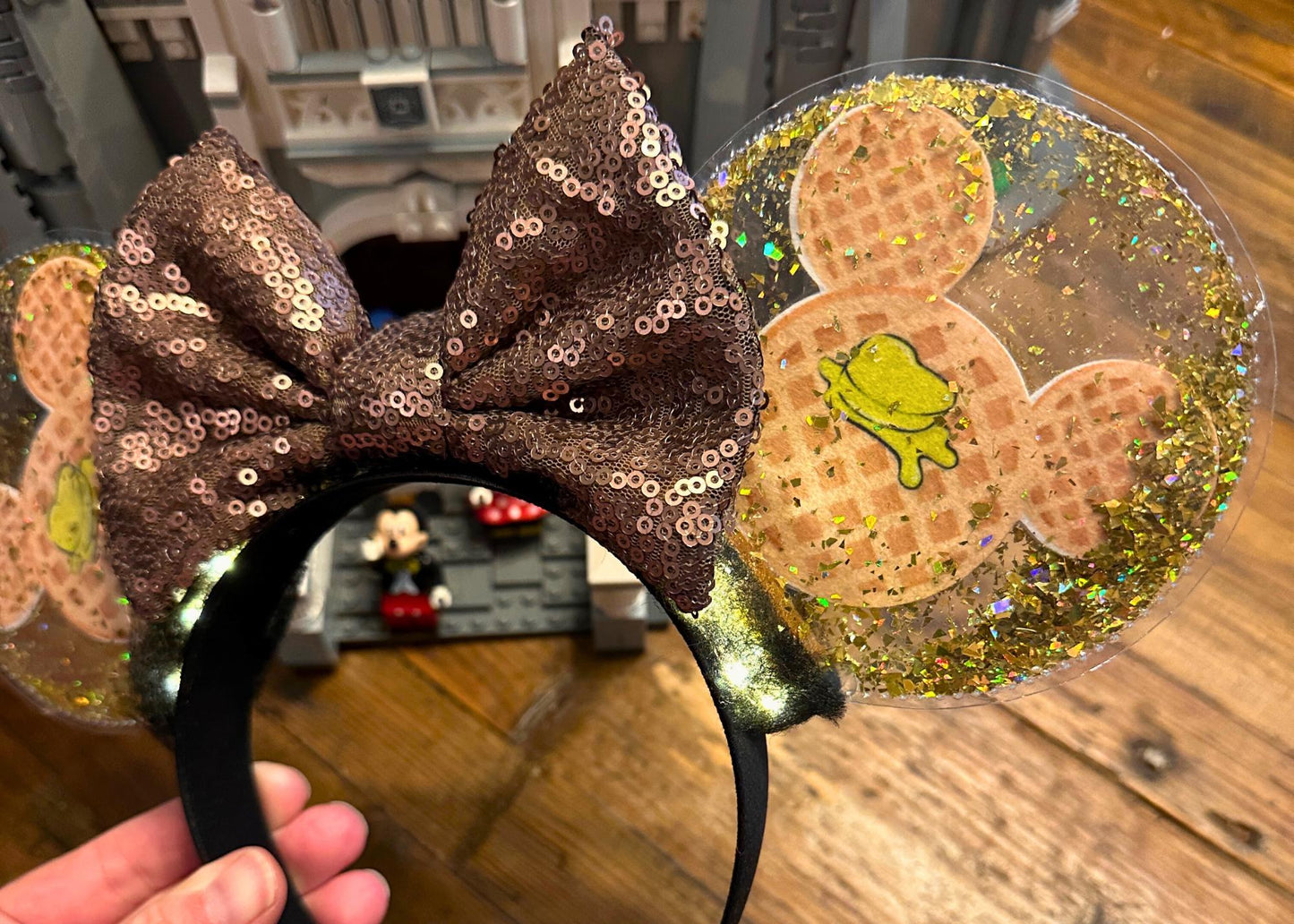 Mickey Waffles Disney Ears, Foodie Snacks Minnie Ears, Park Treats Mouse Ears Headband, Gold Glitter, Sequin Bow, Handmade, Unique, Cute