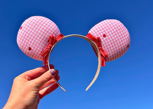 Valentines Disney Ears, Embroidered Hearts Pink Plaid Mickey Ears, Red Handmade Hair Bows Minnie, Galentines Day, Sweetheart Nite Headband