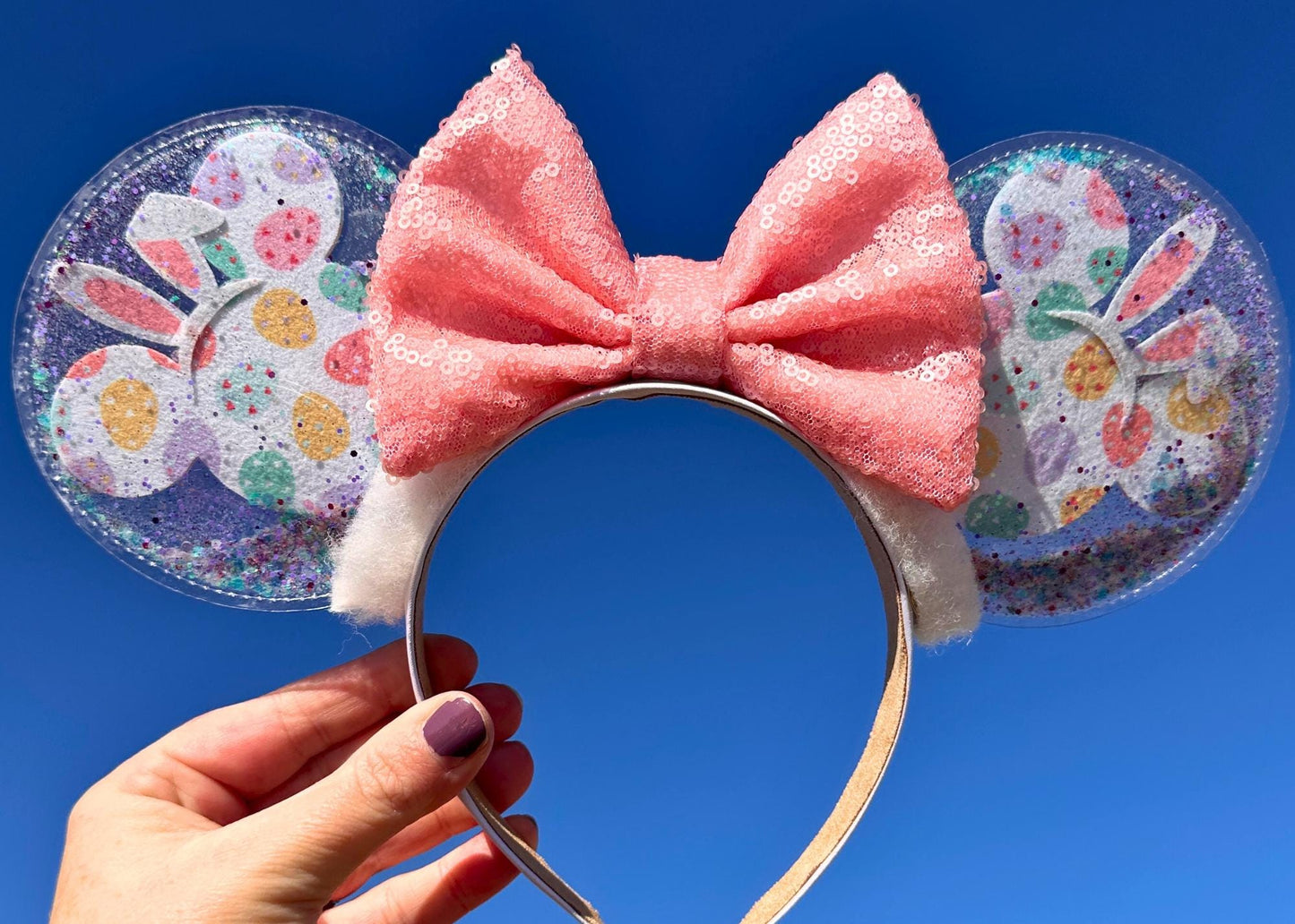 Mickey Head Bunny Ears Easter Disney Headband, Spring Pastel Minnie Ears, Sequin Bow, Glitter Bubble Disneyland Ear, DisneyWorld Accessories