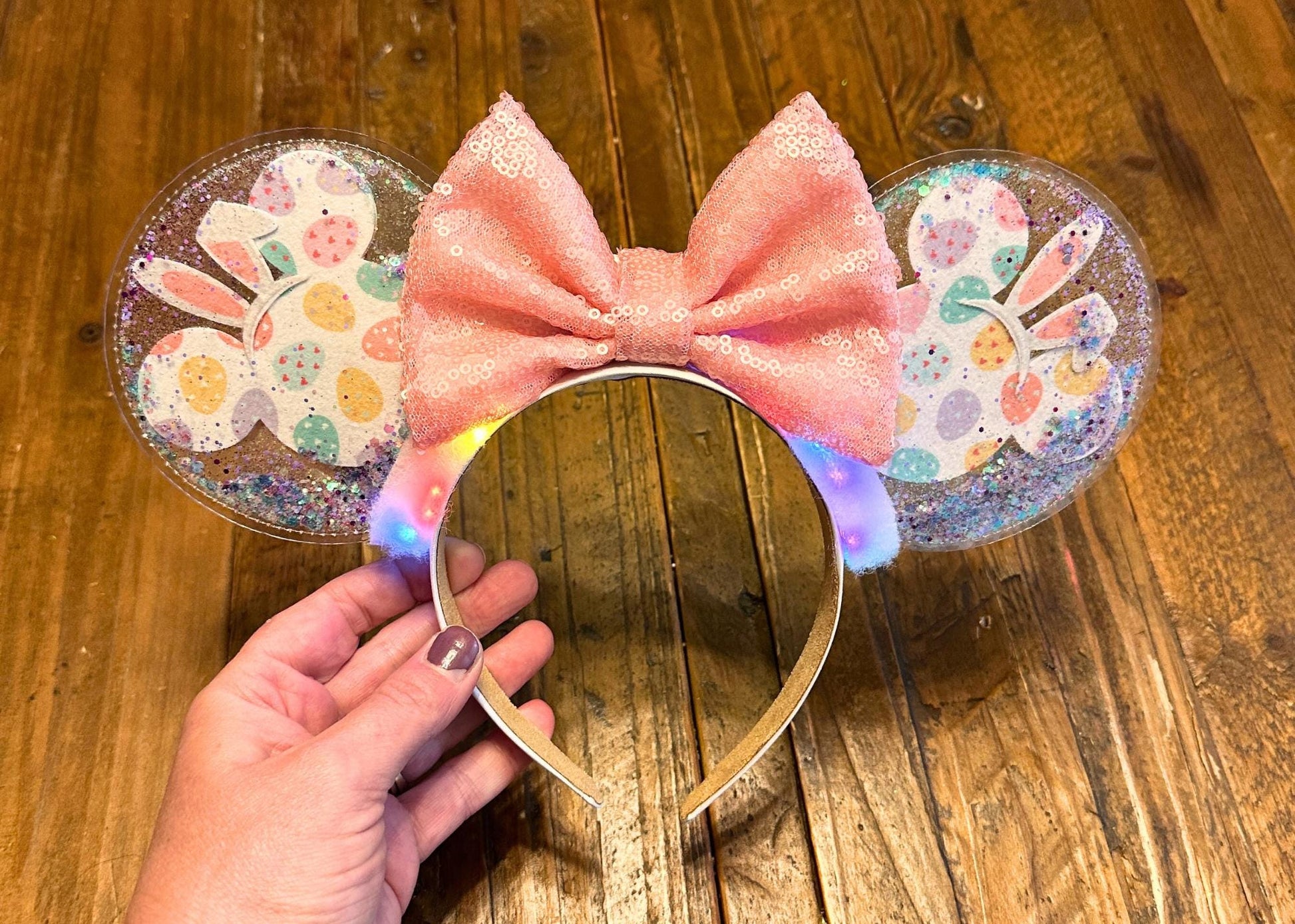 Mickey Head Bunny Ears Easter Disney Headband, Spring Pastel Minnie Ears, Sequin Bow, Glitter Bubble Disneyland Ear, DisneyWorld Accessories